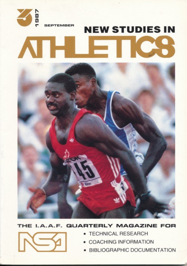 Titelbild eines Buches namens "New Studies in Athletics September 1987" mit einem Bild von zwei Personen.