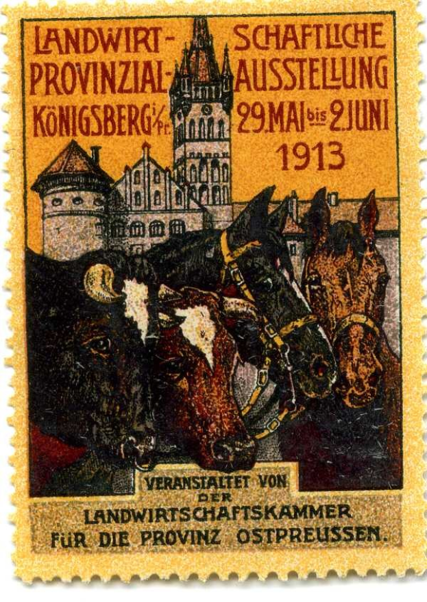 Deutscher Briefmarkenstempel aus etwa 1913 mit drei Kühen und einem Schloss, mit der Aufschrift "Landwirtschaftskammer."