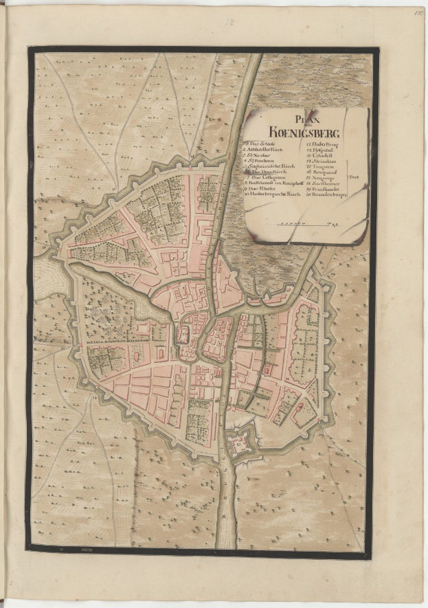 Ein detaillierter Stadtplan von Hohensberg, Deutschland, aus einem alten Buch, der Straßen, Gebäude und Sehenswürdigkeiten zeigt, ergänzt durch Text über die Stadt.