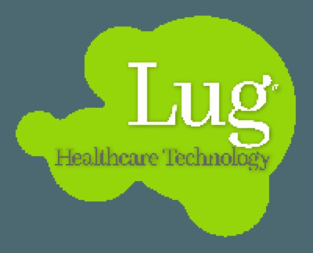 Logo von Lug Healthcare Technology: fettgedruckter schwarzer Text in der Mitte eines weißen Hintergrunds, umgeben von einem blauen Kreis mit weißer Umrandung.