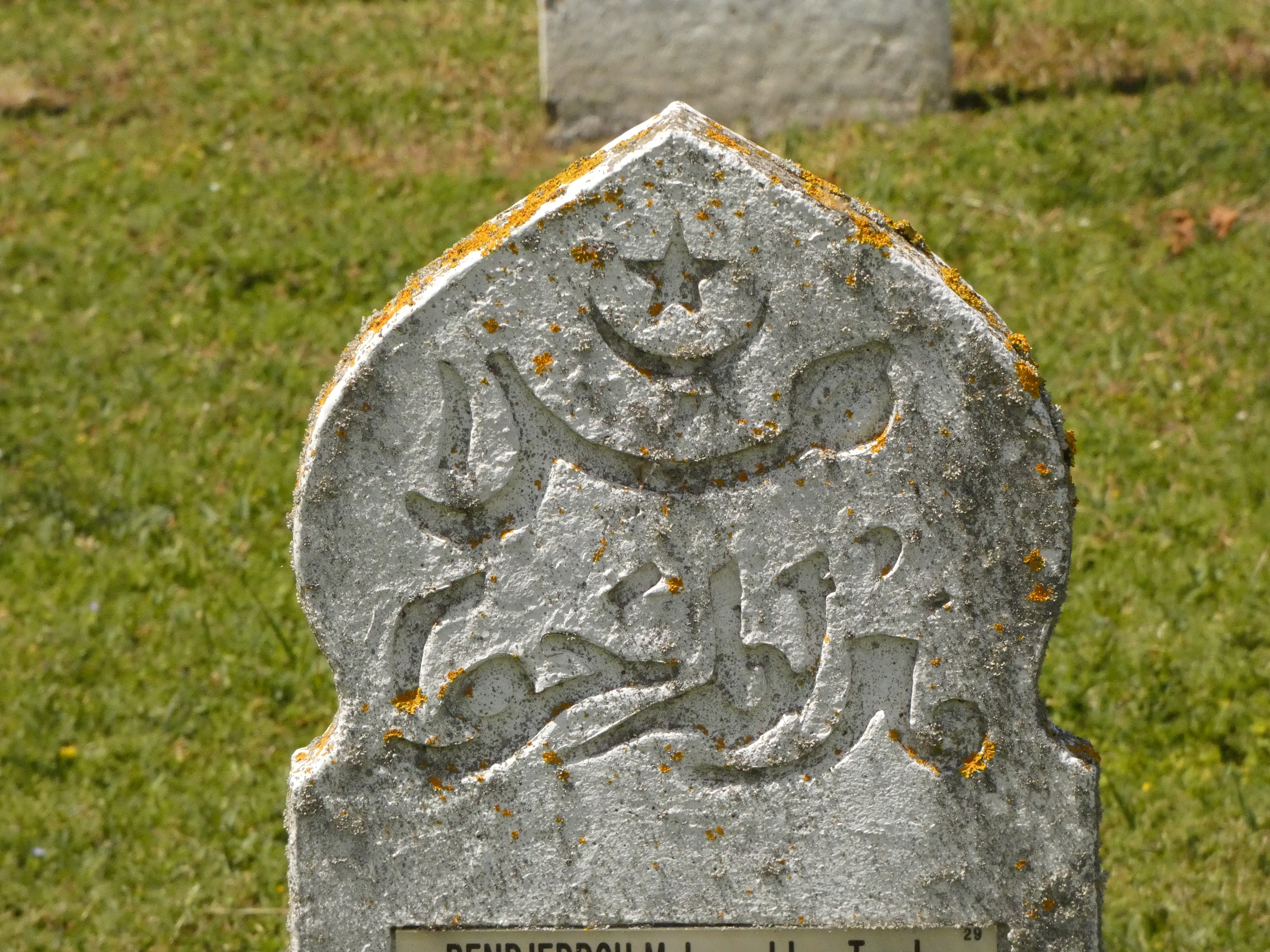 Ein steinernes Grabmal mit arabischer Inschrift darauf, umgeben von Gras auf einem Friedhof.