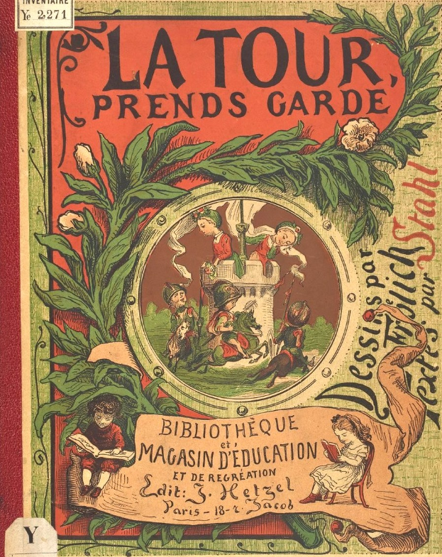 Buchumschlag mit Kindern, die in einem Garten mit grünen Blättern und bunten blühenden Blumen spielen, Titel "La Tour Prends Garde" sichtbar.