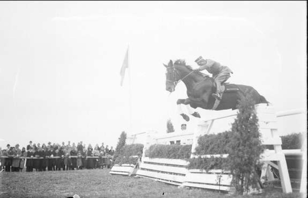 Schwarz-weiß-Foto eines Pferdes und seines Reiters, die über ein Hindernis springen, bei den Royal Ascot Horse Trials im Jahr 1953, mit Zuschauern auf der linken Seite, einer Fahne im Hintergrund und Gras am Boden.