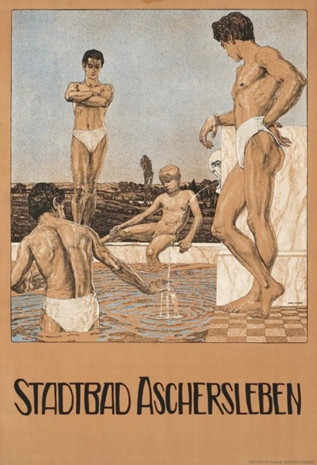 Ein Plakat für ein Schwimmbad in Aschersleben, Deutschland, das Menschen im Wasser zeigt, darunter eine Person, die sitzt, und Text, der Informationen über das Schwimmbad bereitstellt.