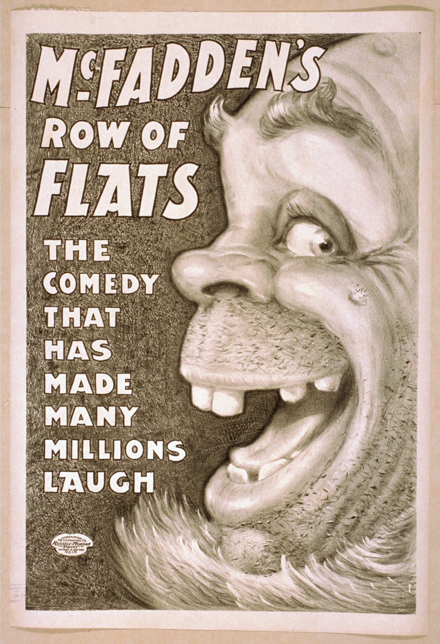 Plakat einer lachenden Person mit wilden Haaren, weit aufgerissenen Augen und einem breiten Grinsen, vor einem hellgelben Hintergrund, mit dem Text "McFadden's Row of Flats: The Comedy That Has Made Many Millions Laugh."