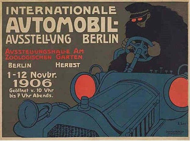 Plakat für eine internationale Automesse in Berlin mit einer Cartoon-Fahrerin in einem Auto und Text.