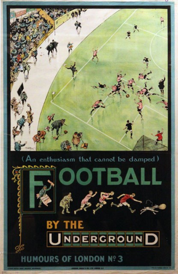 Plakat, das Zuschauer bei einem Fußballspiel in einem Stadion zeigt, betitelt mit "Fußball von der U-Bahn - Humor von London Nr. 3."