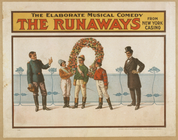 Plakat für 'Elaborate Musical Comedy Runaways from New York Casino' mit einer Gruppe von Menschen in einer Reihe, wobei eine zentrale Person einen Strauß hält, begleitet von Text.