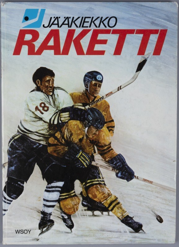 Buchumschlag mit dem Titel "Jääkiekko Raketti", der drei Menschen beim Eishockeyspielen mit Eishockeyschlägern auf einer flachen Oberfläche zeigt.