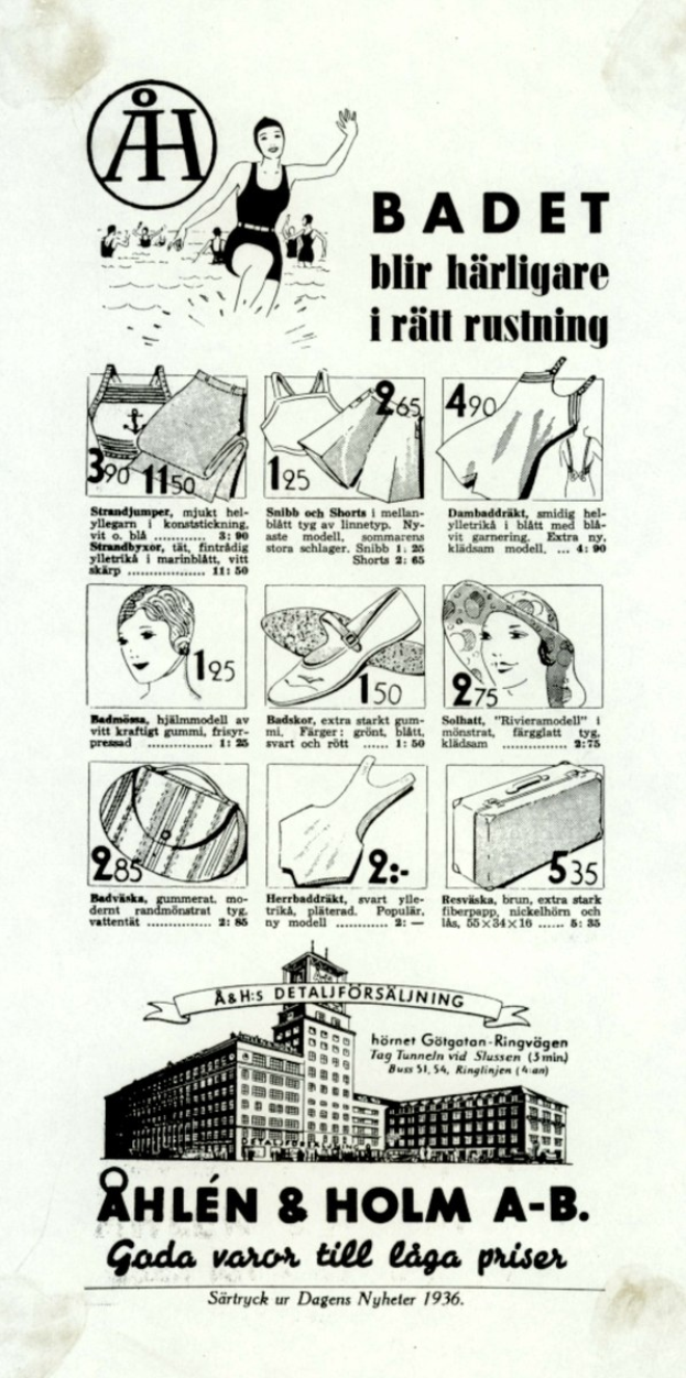 Eine Frau in einem weißen Bikini mit blauen und weißen Streifen steht in der Mitte einer Werbung, ihr Pferdeschwanz ist zurückgebunden und ihr Blick trifft den des Betrachters.