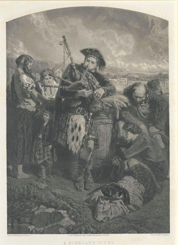 Schwarze und weiße Gravur eines Mannes, der eine Dudelsackpfeife spielt, mit einer Menschenmenge vor einem bewölkten Himmel, mit der Beschriftung "Ein Highland-Pfeifer" unten.