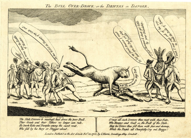 Ein Blatt mit einer Zeichnung eines Bullen, der Fährende überwältigt oder in Gefahr bringt, umgeben von einer Gruppe von Menschen, und enthält beschreibenden Text.