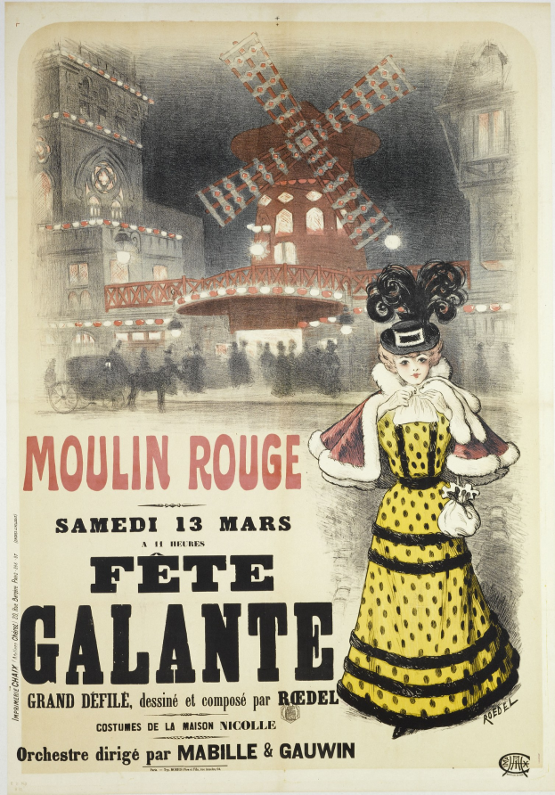 Plakat, das eine Moulin Rouge Fête Galante mit einer Frau in einem gelben Kleid vor einem Gebäude und einer Windmühle ankündigt, mit Event-Text.