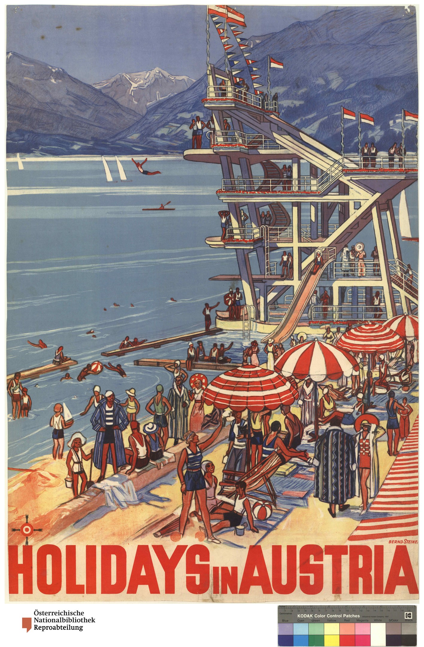 Plakat, das Urlaube in Österreich bewirbt, zeigt Menschen am Strand mit Schirmen, ein Schiff im Hintergrund, winkende Flaggen und entfernte Berge.
