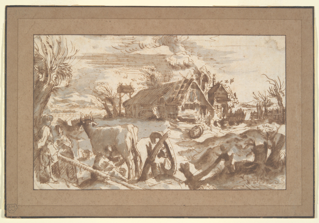 Eine Zeichnung einer Bauernhofszene mit einem Mann und einer Frau im Vordergrund, umgeben von Tieren, einem Wagen, Häusern, Bäumen und einem Himmel im Hintergrund.