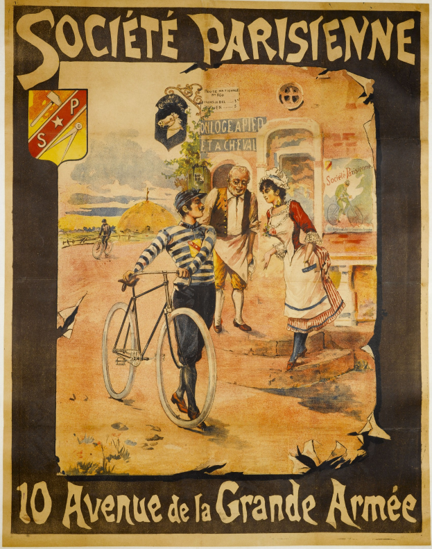 Plakatankündigung eines Fahrradrennens in Paris, Frankreich, mit einer Gruppe von Menschen, von denen einer ein Fahrrad hält, einem Gebäude im Hintergrund und einem Text, der das Ereignis beschreibt.