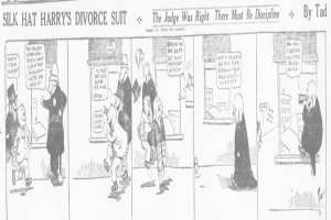 Cartoon-Illustration eines Mannes in einem schwarzen Anzug und einer Frau in einem eleganten Kleid mit ernsten Gesichtern, beschriftet mit 'Scheidungsklage'.