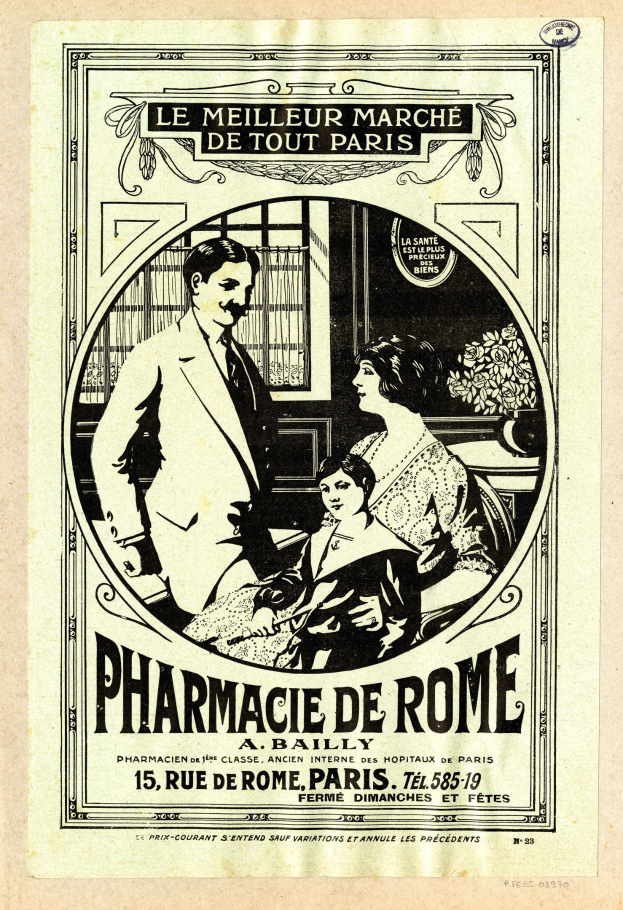 Schwarz-weiß-Anzeige für eine römische Apotheke mit einem Mann und einer Frau nebeneinanderstehend und Text, der die Dienstleistungen beschreibt.