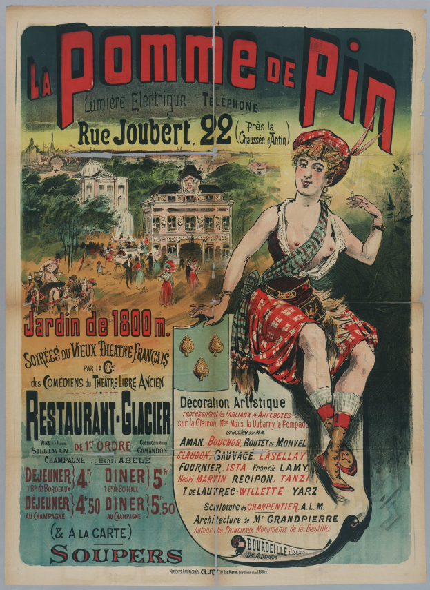 Alte Plakatwerbung für ein "pomme de pin"-Event in Paris mit einer Frau in einem Kilt, umgeben von Menschen, Bäumen und Gebäuden mit Text.