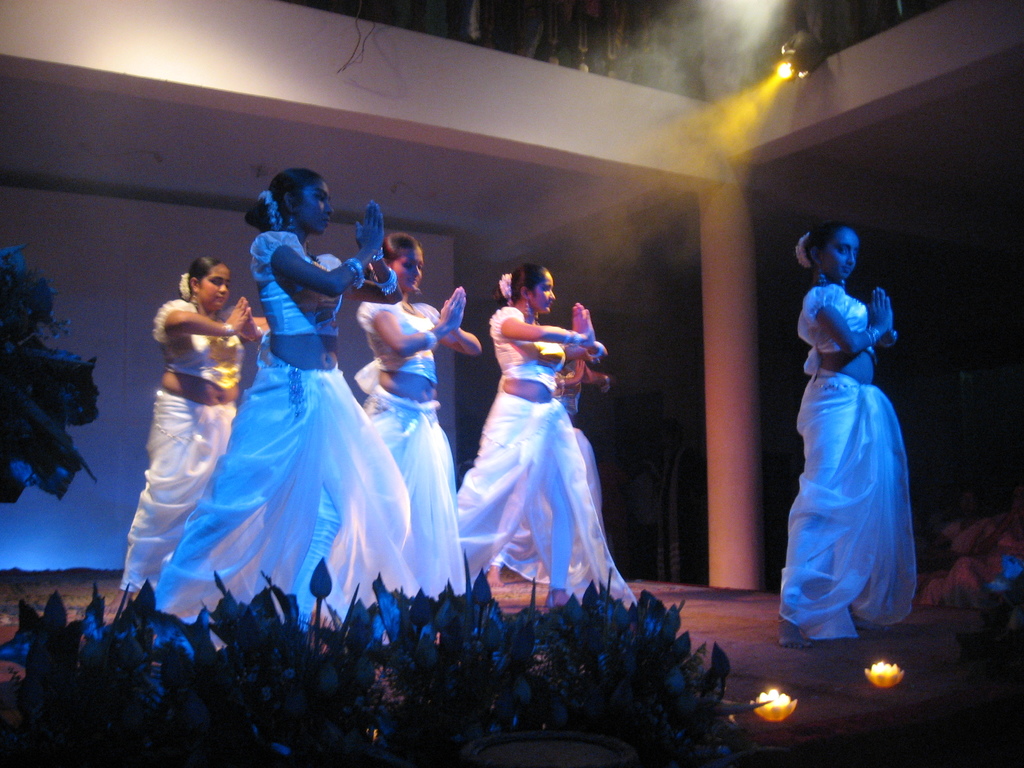 Eine Gruppe von Menschen tanzt auf einer Bühne mit einer Gruppe von Pflanzen davor, während eine andere Gruppe von Menschen zuschaut.