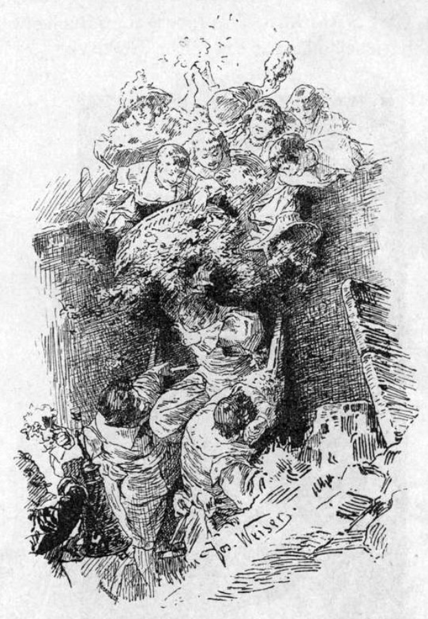 Schwarze und weiße Zeichnung von verstörten Menschen in einem schwach beleuchteten Raum, mit der Unterschrift 'Der Tod der Kinder' unten.