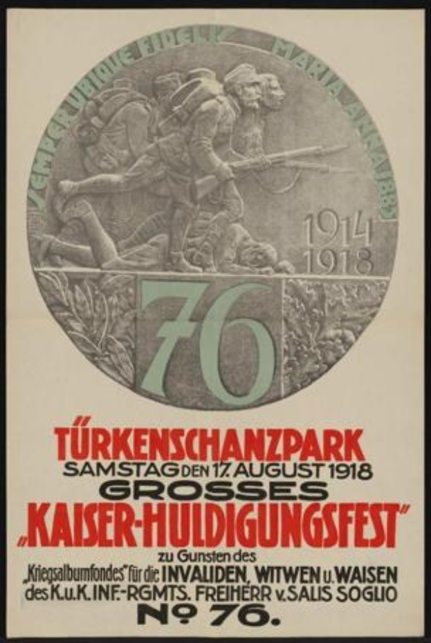 Plakat zum 70. Jahrestag des Kaiser-Huldigungsfests in Berlin, Deutschland, mit einer Gruppe von Menschen in der Mitte und Text und Zahlen, die von einem klassischen Foto Rahmen umgeben sind.