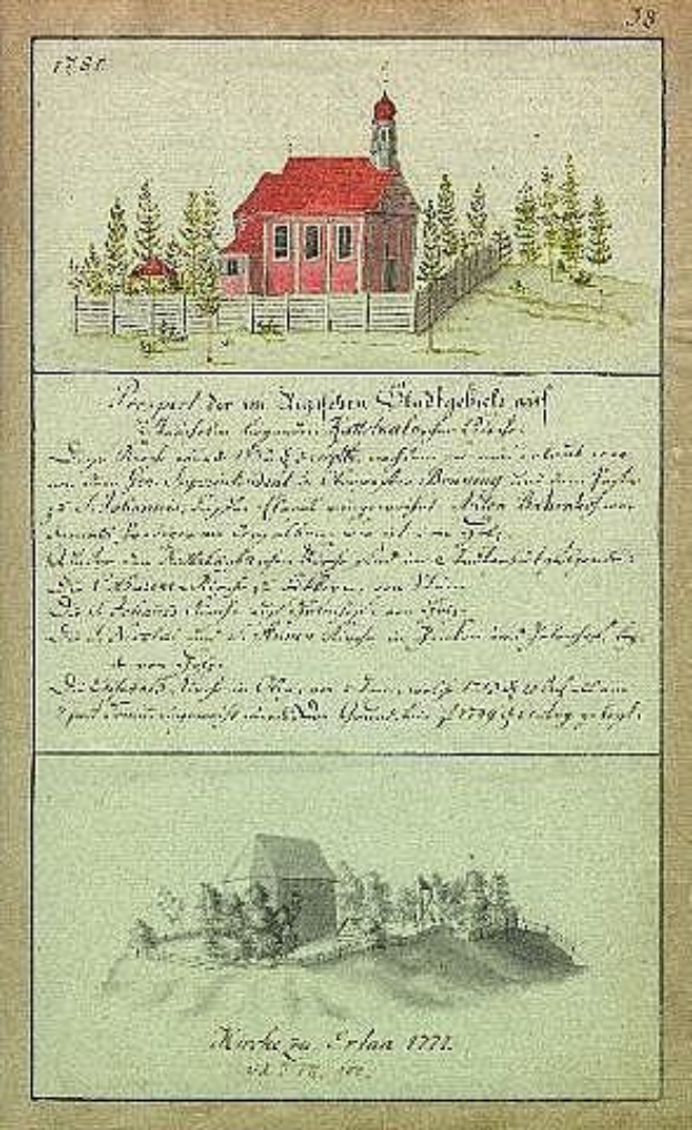 Ein altes Buch mit einer Illustration eines roten Hauses umgeben von Bäumen und einem Zaun, betitelt "Deutsche Schule in den Niederlanden, 1777".