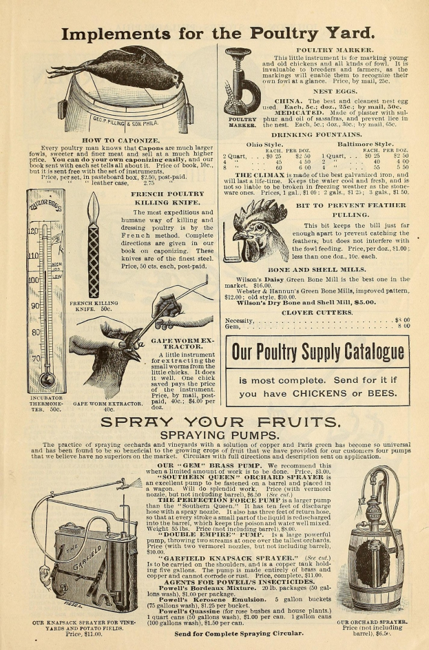 Alte Werbetafel für einen Geflügelhof mit Text und bunten Bildern von Geflügelprodukten, einschließlich Informationen zu Zutaten, Preisen und Anwendungsanweisungen.