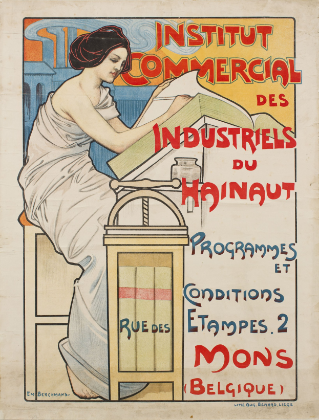 Plakat für das Institut Commercial des Industriels du Hainaut, das eine sitzende Frau an einem Tisch mit einem Buch zeigt, sowie Text mit Institutsdetails.