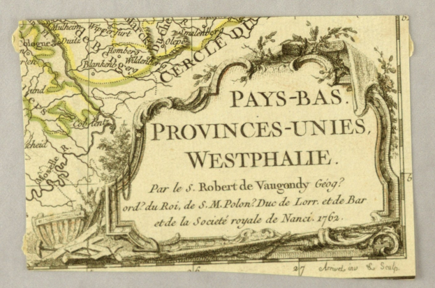 Detailiertes altes Kartenblatt von Westphalens Provinzen auf vergilbtem Papier mit begleitendem Text, der die Region beschreibt.
