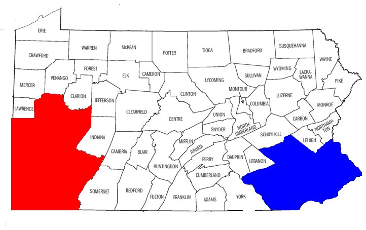 Eine Karte von Pennsylvania, die Wahlergebnisse zeigt, mit Countys in rot und blau hervorgehoben, betitelt mit "Pennsylvania Wahl-ergebnisse".