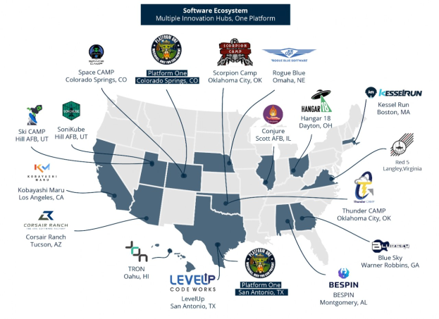 Eine Karte der Vereinigten Staaten, die Unternehmenslogos anzeigt, um die Standorte des Software-Ökosystems darzustellen, mit zusätzlichem Text, der Unternehmens- und Standortdetails bereitstellt.