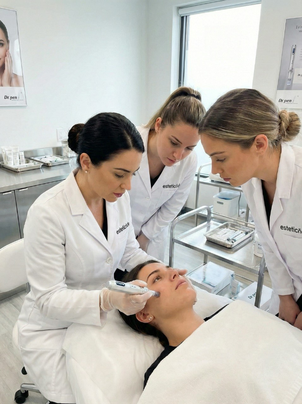 Eine zeitgemäße Kosmetikpraxis: Drei Fachkräfte in professioneller Kleidung führen konzentriert eine Gesichtsbehandlung durch. Die Atmosphäre wirkt sachkundig und technologisch fortschrittlich, während die Patientin entspannt liegt.