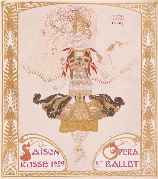 Plakat für eine Pariser Ballettvorstellung von 1909 namens "Saison Russe" mit einer gemalten Tänzerin in einer anmutigen Pose.