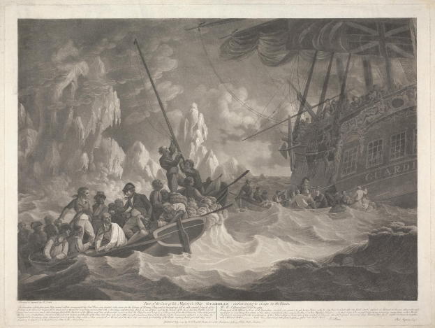 Schwarze und weiße Gravur eines Bootes namens "Guardian" umgeben von Eisbergen und Menschen, mit dem Text "Teil des Feuers des Majors Schiff, Guardian, 1839" unten.