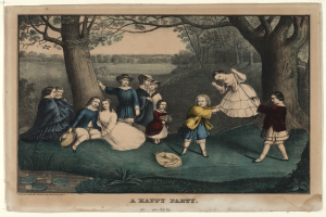 Eine Gruppe von Kindern spielt in einem Park mit Bäumen, Pflanzen und Gras, einige sitzen und andere stehen, mit Text unten, der "Eine glückliche Party" liest.