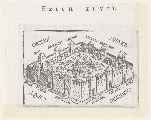 Ein detaillierter Papierplan von Ezech, Israel, der Gebäude, Straßen und handgeschriebene Texte zeigt.