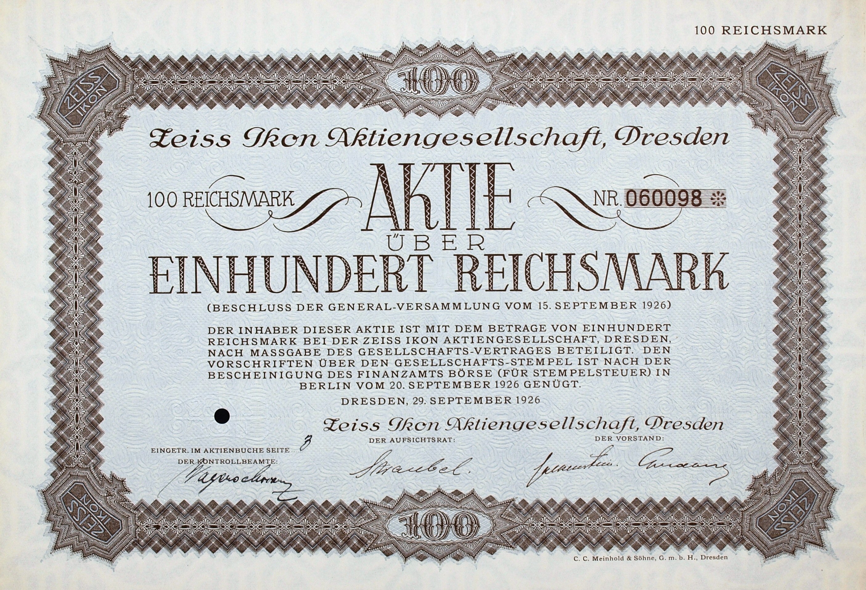 Altes deutsches Aktienzertifikat für 100 Reichsmark mit schwarzem Rand und gedrucktem Text.