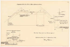 Schwarz-weißes architektonisches Zeichnung eines Hauses mit einem geneigten Dach, einschließlich detaillierter Grundrisse und Textanmerkungen auf dem Papier.