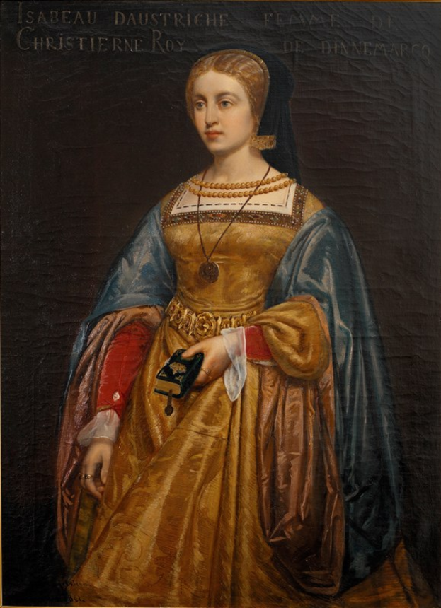 Gemälde von Isabella d'Austria in einem goldenen Kleid mit feinen Details, ihr Haar zu einem ordentlichen Knoten gebunden, mit einer majestätischen und würdevollen Ausstrahlung und einem friedlichen Gesichtsausdruck.