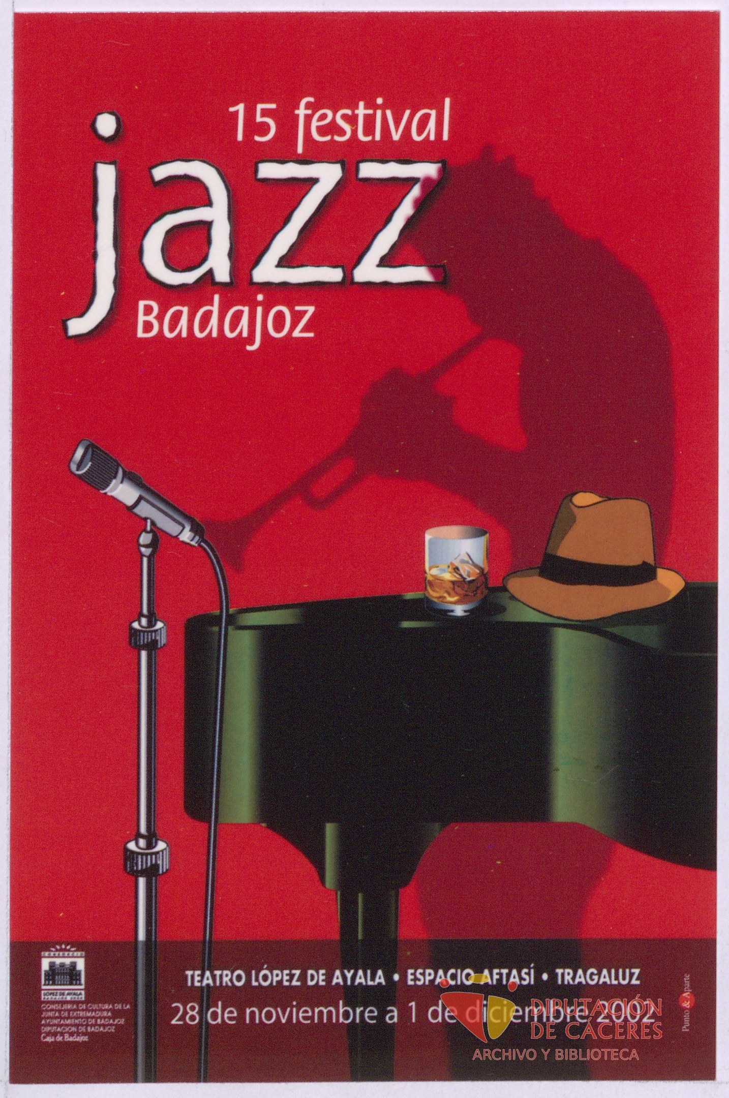 Plakat für das 15. Festival Jazz Badajoz mit einem Mikrofon, einem Hut und einem Glas auf einem Tisch mit Text, der Festival-Informationen bereitstellt.