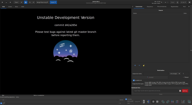 Bildschirmfoto eines Computerbildschirms mit dem Text "instabile Entwicklungsversion" und "unaufhaltsame Entwicklung" in Blau hervorgehoben, vor schwarzem Hintergrund mit Symbolen für die Suche, ein Dropdown-Menü und eine Fortschrittsleiste.
