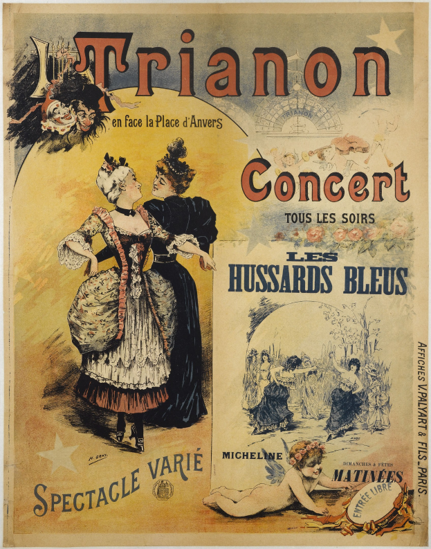 Plakat für ein Konzert mit einer Frau in einem langen, hochgeschlossenen Kleid und einem Mann in einem Anzug, der hinter ihr steht und die Arme verschränkt hat, beide mit ernsten Gesichtern.