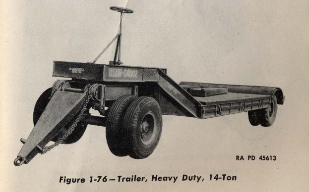 Schwarzes und weißes Foto eines Schwerlastanhängers mit einer Tragfähigkeit von 14 Tonnen, das unten mit zusätzlichen Texten versehen ist.