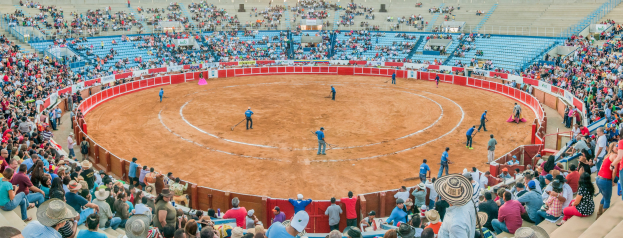 Eine große Menschenmenge schaut einem Stierkampf in einer Arena zu, wobei einige Menschen stehen, sitzen oder Gegenstände halten und eine Person unten einen Hut trägt.