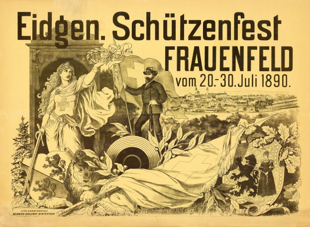 Alter Plakat für das Eidgen Schützenfest in Frauenfeld, Deutschland, mit einem Mann im Anzug und einer Frau im Kleid nebeneinanderstehend und Ereignisinformationen im Text.