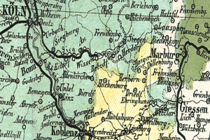 Ein detailliertes altes Stadtplan von Köln, Deutschland, der Straßen, Gebäude und Sehenswürdigkeiten mit Text zeigt, der den Standort der Stadt angibt.