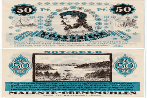 Eine alte deutsche 50-Pfennig-Banknote mit dem Bild einer Frau, umgeben von Text und Zahlen.