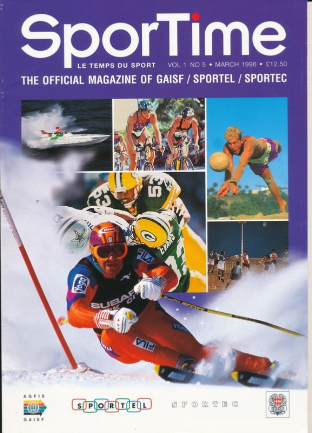 Titelbild von *Sporttime Magazine* aus März 1996, zeigt Bilder von Skifahren und Snowboarden neben Text und Logos.