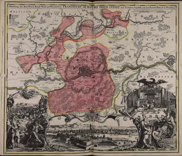 Ein altes Buch mit einer vintage-Karte von Deutschland in der Mitte, umgeben von dekorativen Bildern und Text.